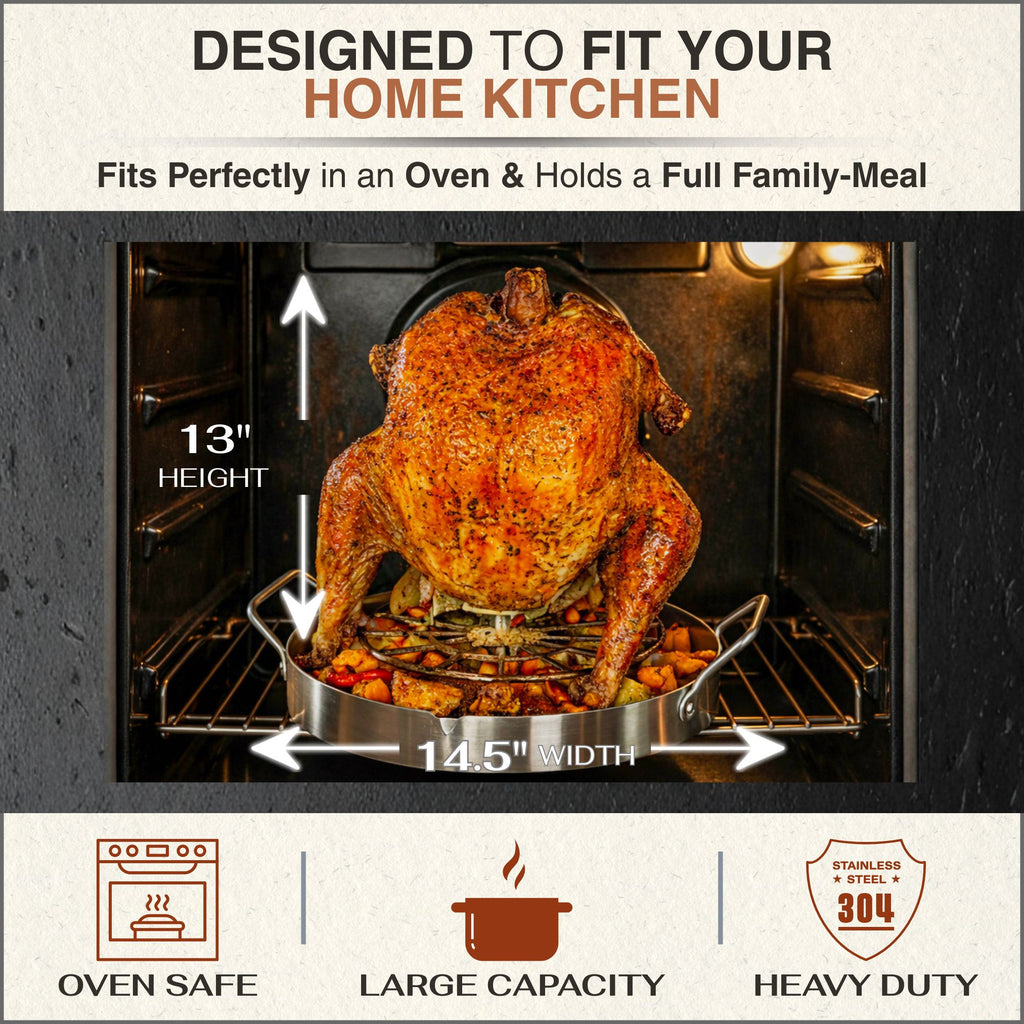 UpRoaster in a standard home oven showing 13-inch height and 14.5-inch width, minimum required clearance
