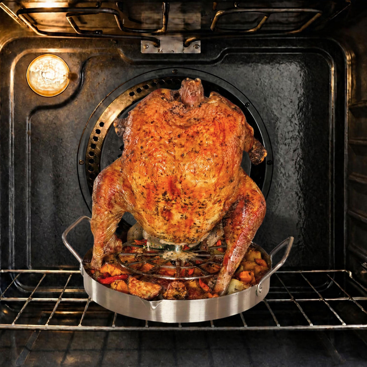 Turkey roasting vertically on the UpRoaster inside a home oven
