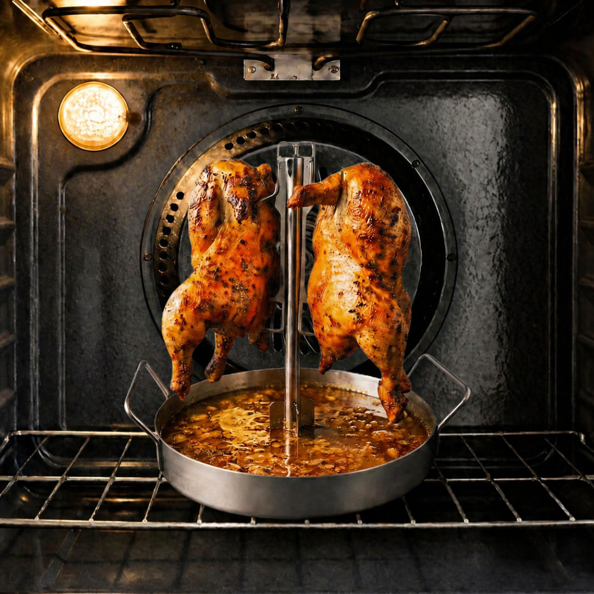 Two roast chicken cooking vertically on the UpRoaster inside a home oven