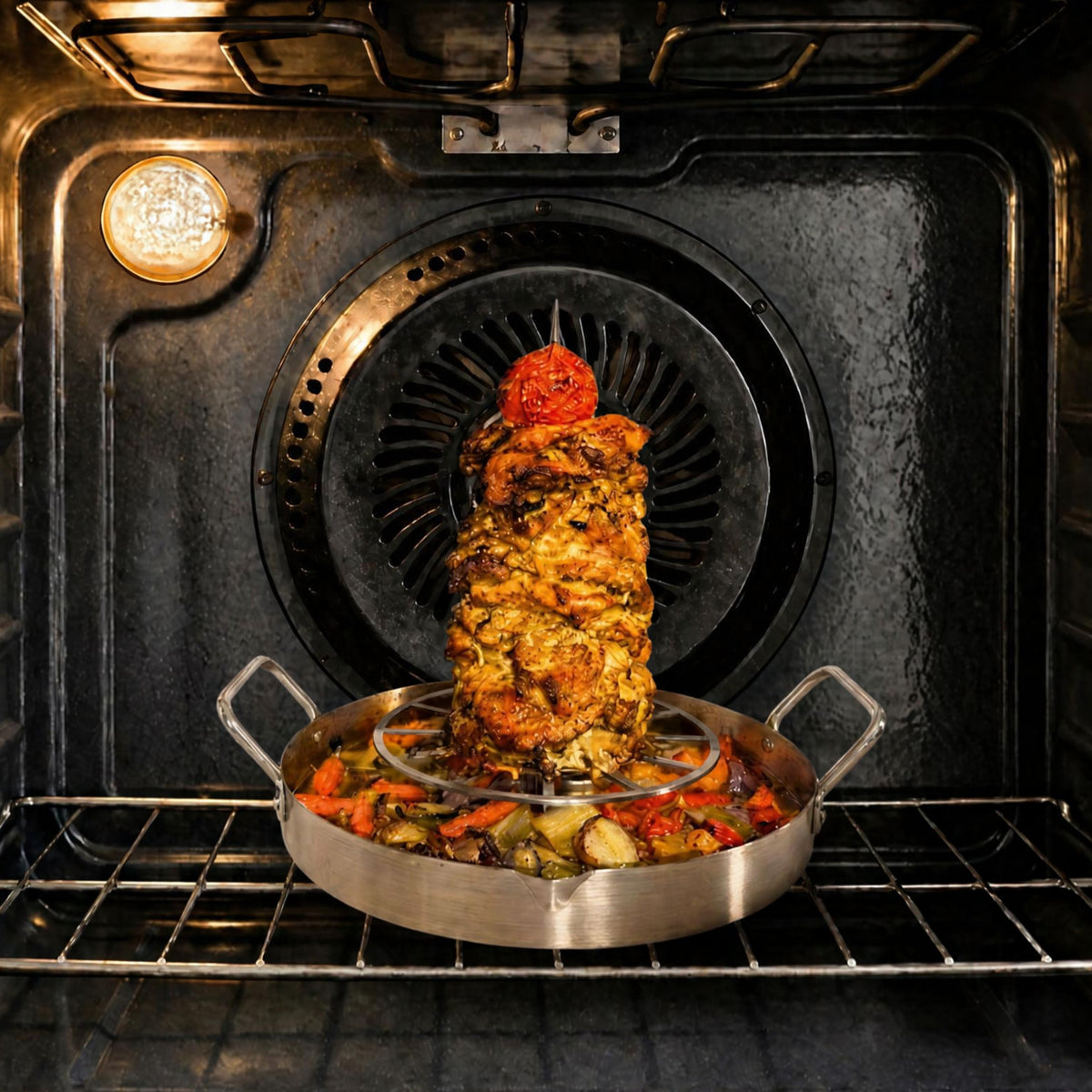 Shawarma roasting vertically on the UpRoaster inside a home oven
