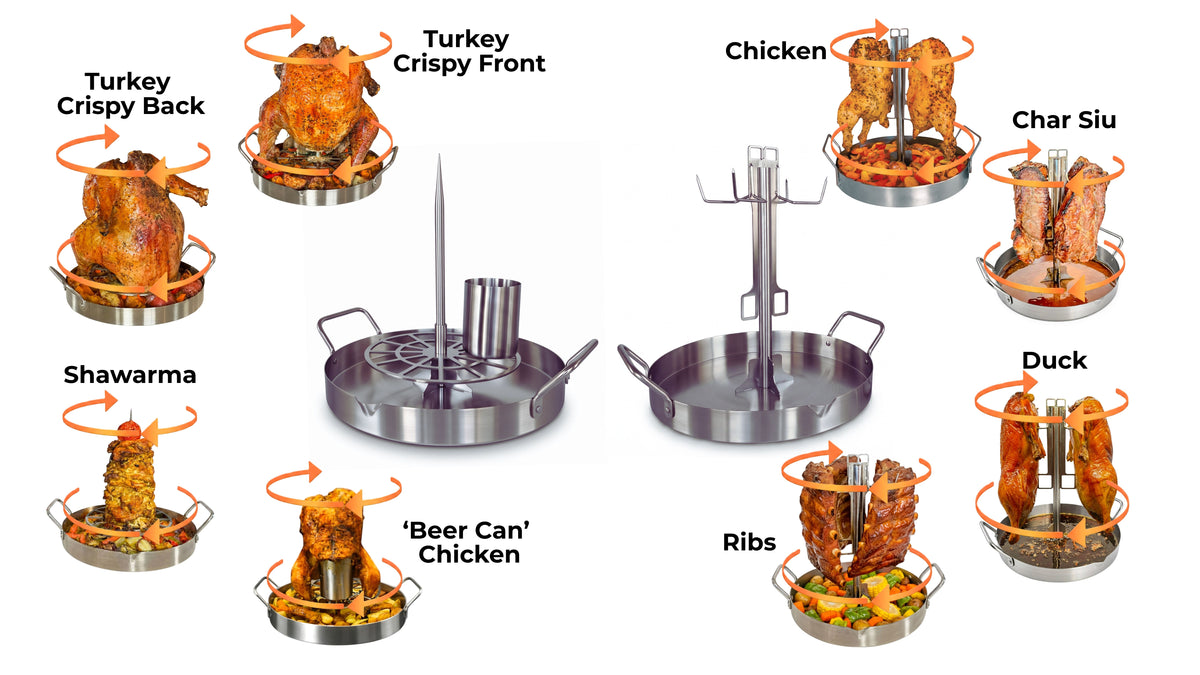 UpRoaster vertical roasting results for turkey, chicken, char siu, shawarma, beer can chicken, ribs, and duck, showing 360-degree crispy skin achieved through airflow circulation around each food